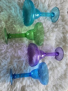 Set of Four Bubble Glass Goblets in Blue, Green & Purple